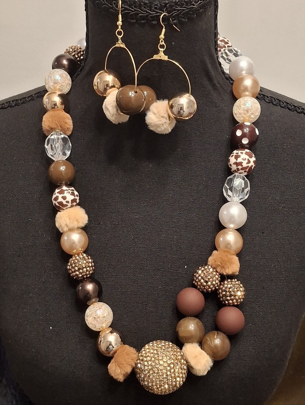 Handmade Elegant Brown and Gold Beaded Statement Necklace Set w Faux Fur Beads.
